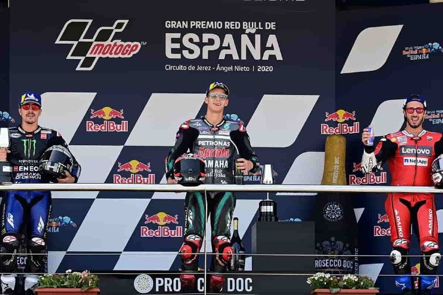 Petrucci 'Menangis' dan Sakit Perut, Dovizioso Tertawa 1 Podium MotoGP-Jerez-2020-fabio quartararo- Maverick Vinales- andrea Dovizioso