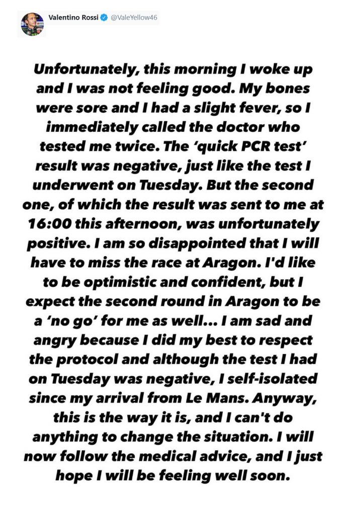 Valentino Rossi Absen di Aragon karena Positif C-19 1 tes Rossi