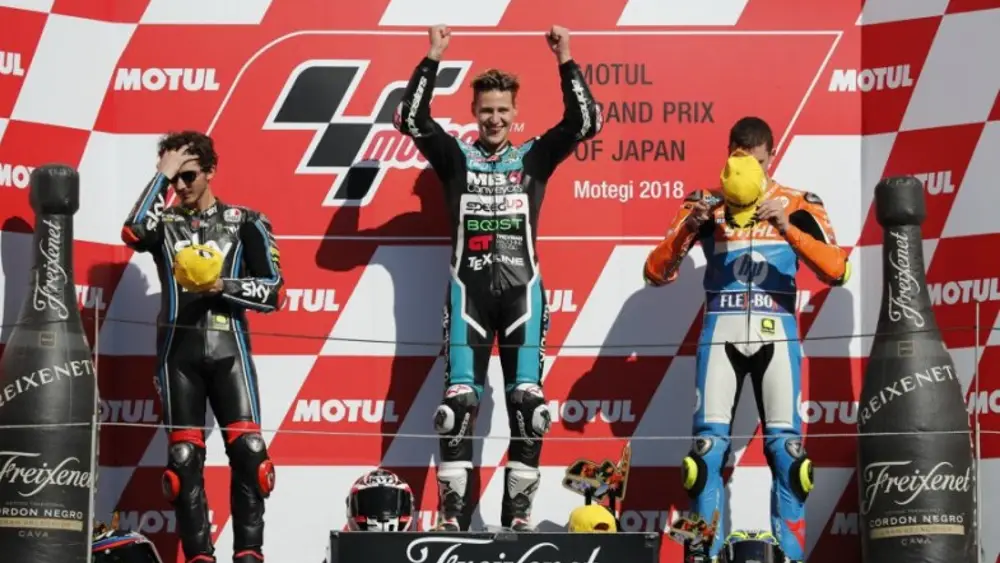 Lorenzo Baldassarri Kembali ke Paddock MotoGP di 2025 1 Pecco Bagnaia - Fabio Quartararo- Lorenzo Baldassarri - Moto2- Motegi 2018