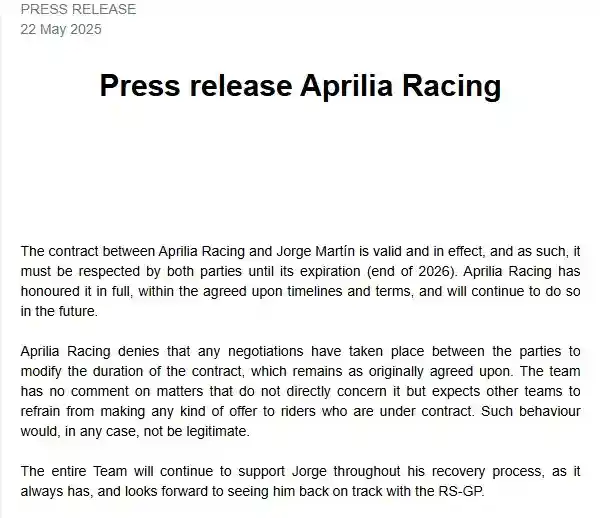 Pernyataan Resmi Pertama Aprilia Terkait Rumor Pemutusan Kontrak Jorge Martin 2 Pernyataan Resmi Aprilia Racing tentang Kontrak Jorge Martin