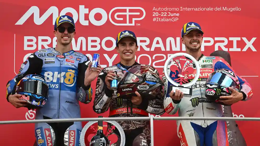 Alex Marquez Keluarkan Kartu Andalannya: Keputusan Darurat Demi Selamatkan Podium-2 2 Alex Marquez - Marc Marquez - Fabio Di Giannantonio, Podium MotoGP Italia Mugello 2025