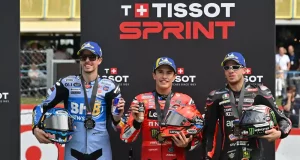 Alex Marquez -Marc Marquez - Marco Bezzecchi, Podium Sprint Assen 2025
