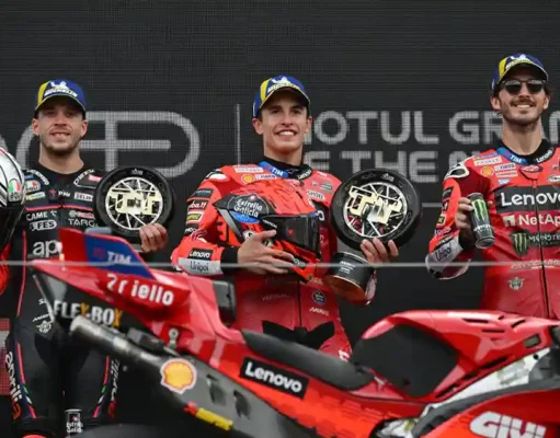 Marco Bezzecchi - Marc Marquez - Pecco Bagnaia, Podium MotoGP Assen Belanda 2025