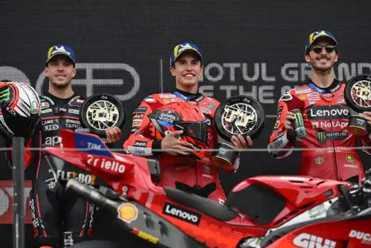 Marco Bezzecchi - Marc Marquez - Pecco Bagnaia, Podium MotoGP Assen Belanda 2025