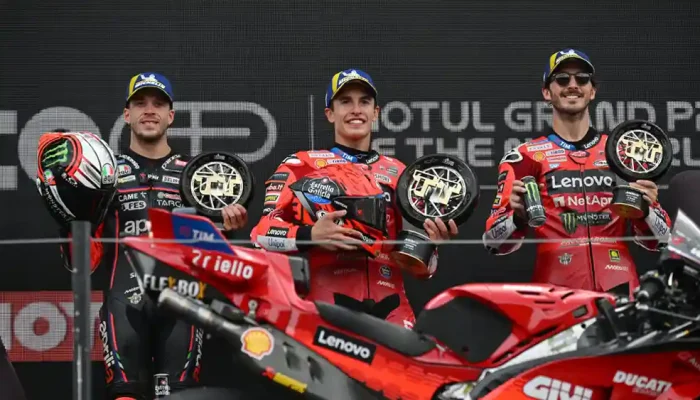 Marco Bezzecchi - Marc Marquez - Pecco Bagnaia, Podium MotoGP Assen Belanda 2025