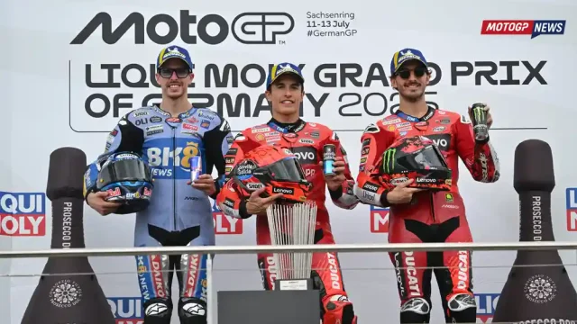 Alex Marquez - Marc Marquez - Pecco Bagnaia Alex Marquez - Marc Marquez - Pecco Bagnaia, Podium Jerman Sachsenring 2025