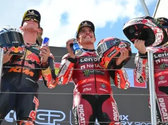 Podium MotoGP Hungaria 2026 - Marc Marquez - Pedro Acosta - Pecco Bagnaia