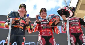 Podium MotoGP Hungaria 2026 - Marc Marquez - Pedro Acosta - Pecco Bagnaia