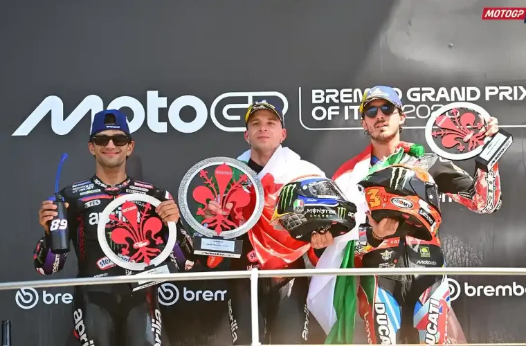 Podium MotoGP Italia 2026 - Marco Bezzecchi - Jorge Martin - Pecco Bagnaia