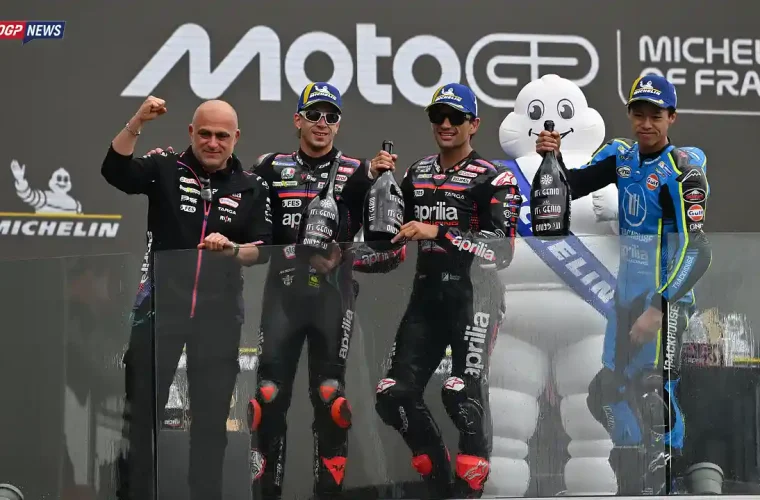 Podium MotoGP Prancis 2026 - Jorge Martin - Marco Bezzecchi - Ai Ogura