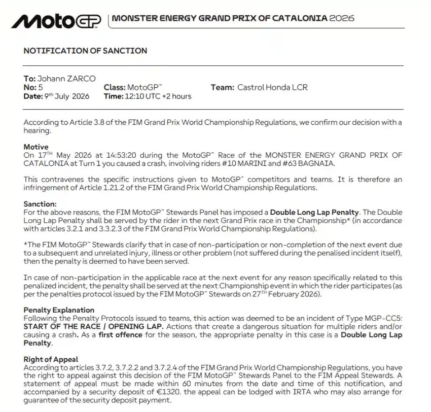 Resmi! Johann Zarco Dijatuhi Double Long Lap Penalty Usai Picu Insiden di MotoGP Catalunya 2026 2 Johann Zarco Penalty