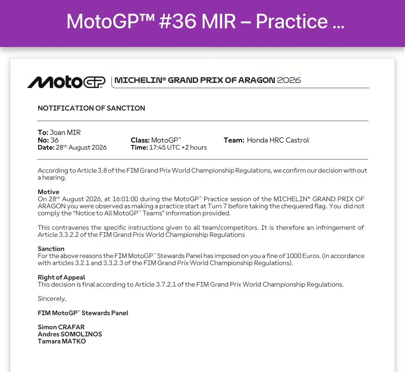 Joan Mir didenda MotoGP Aragon