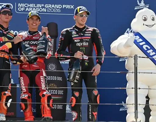 Marco Bezzecchi: Pertama kali Naik Podium di Aragon, Marc Marquez Tak Terkalahkan Podium Aragon 2026 - Marc Marquez - Pedro Acosta - Marco Bezzecchi