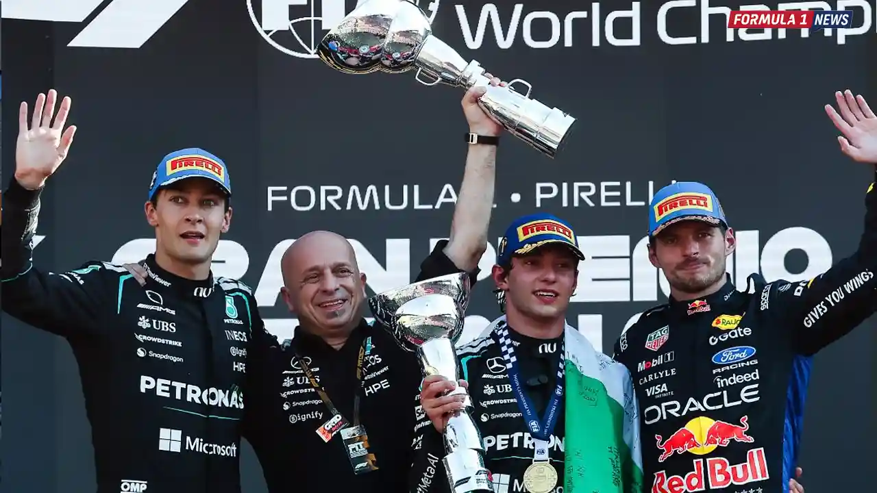 Kimi Antonelli - George Russell - Max Verstappen - Podium Monza 2026